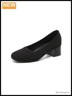 Knit Low Heel Pumps Square Toe Slip-On Dress Shoes Comfort 1.57 In